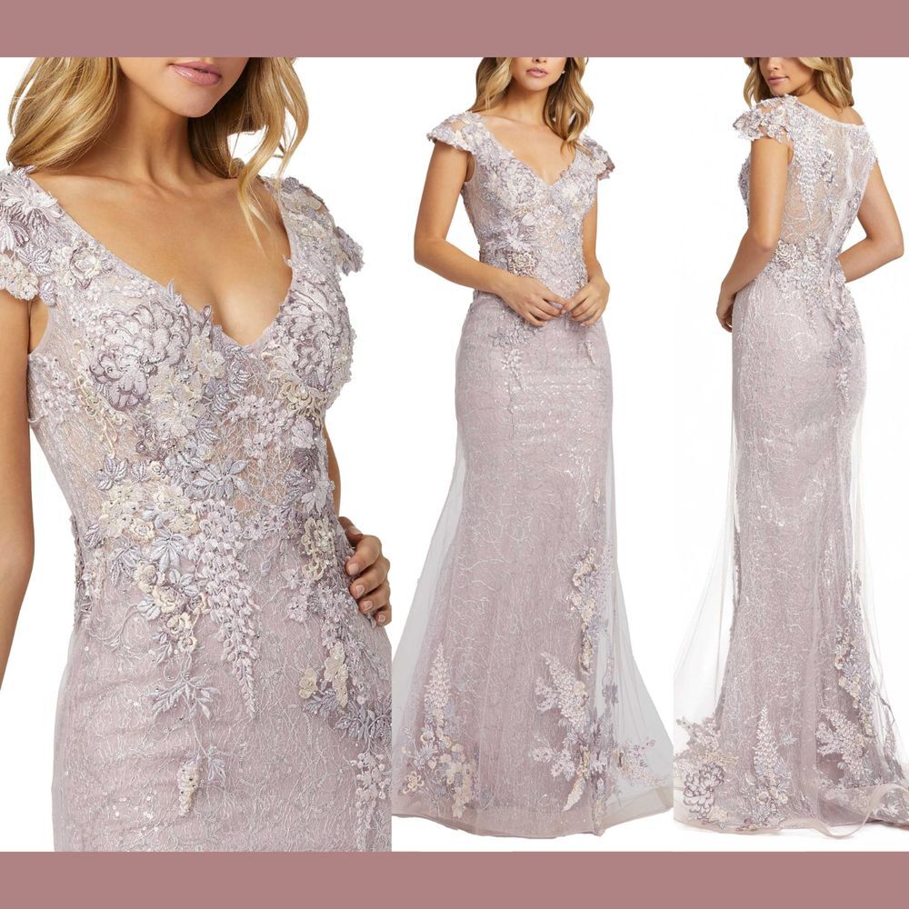 NWT $698 Mac Duggal [ 4 ]‎ Embellished V Neck Cap Sleeve Gown Lavender #G1926